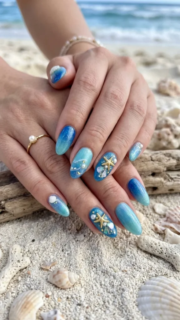 Elegant blue seashell ocean inspired nails with delicate starfish art