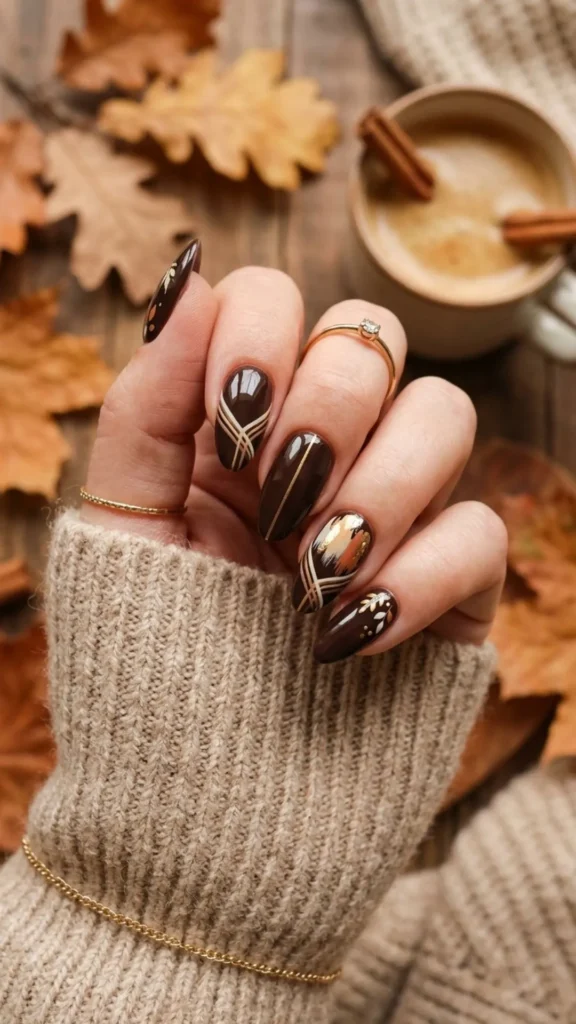 Espresso brown French tips with fine line accents for a chic and modern fall nail design.