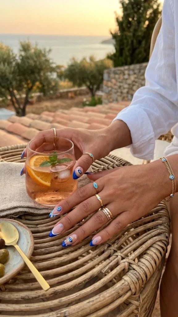Stylish French manicure featuring colorful evil eye accents for a trendy and eye-catching nail design.