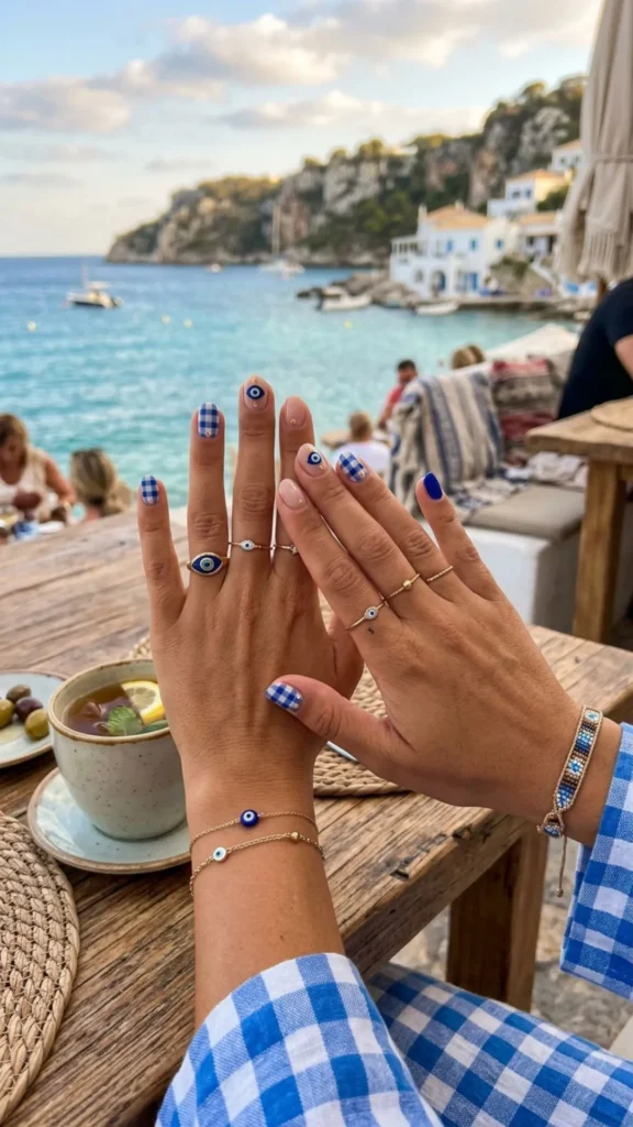  Trendy coastal nails combining evil eye accents and gingham patterns in a playful summer design.