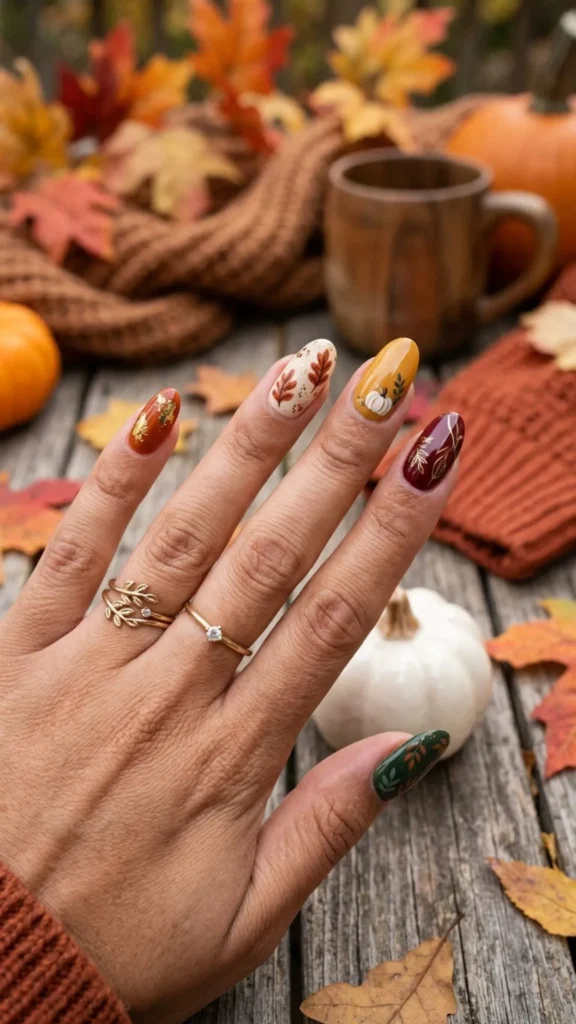 Cozy fall nail design with warm autumn colors, leaves, and seasonal-inspired details.