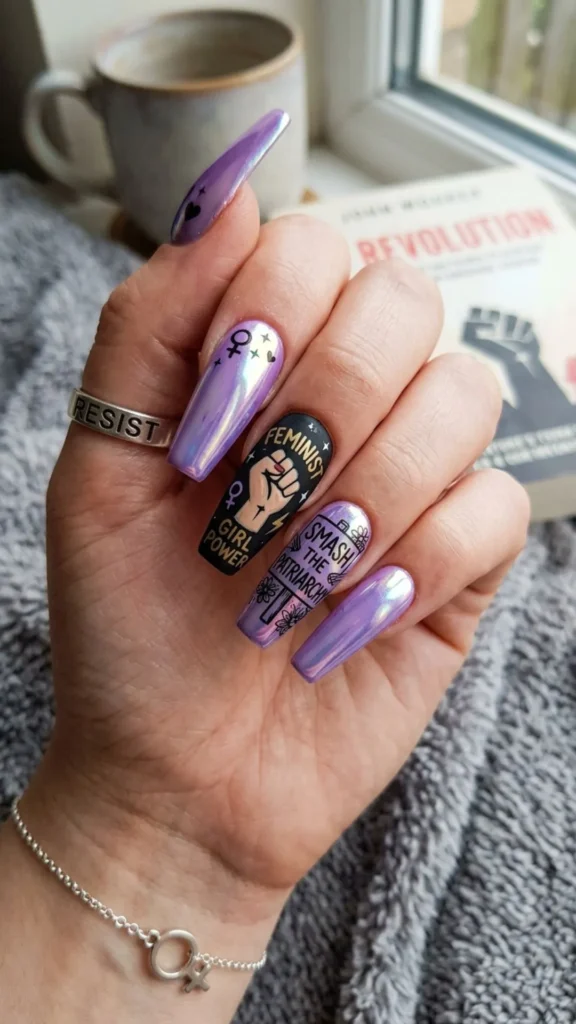 Flashy lavender chrome nails with bold feminist-inspired art.