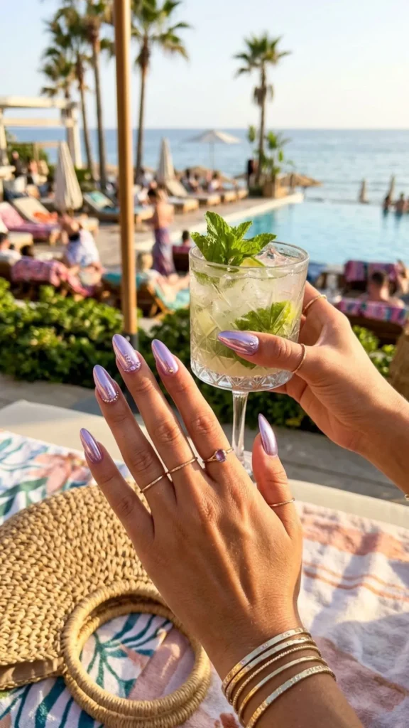 Flashy lavender chrome nails offer a glossy metallic shine for a glamorous, futuristic, and stylish summer manicure.