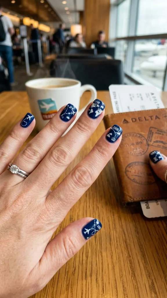 Creative flight path nail art featuring miniature airplanes, curved routes, and sky-inspired details.