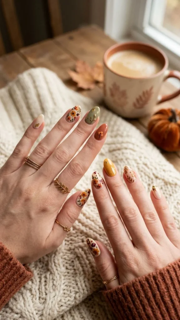 Floral fall nails with delicate blooms and warm seasonal shades for a soft and feminine manicure.