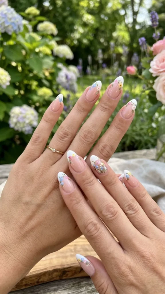 Delicate floral French tip nails with soft pastel summer colors.