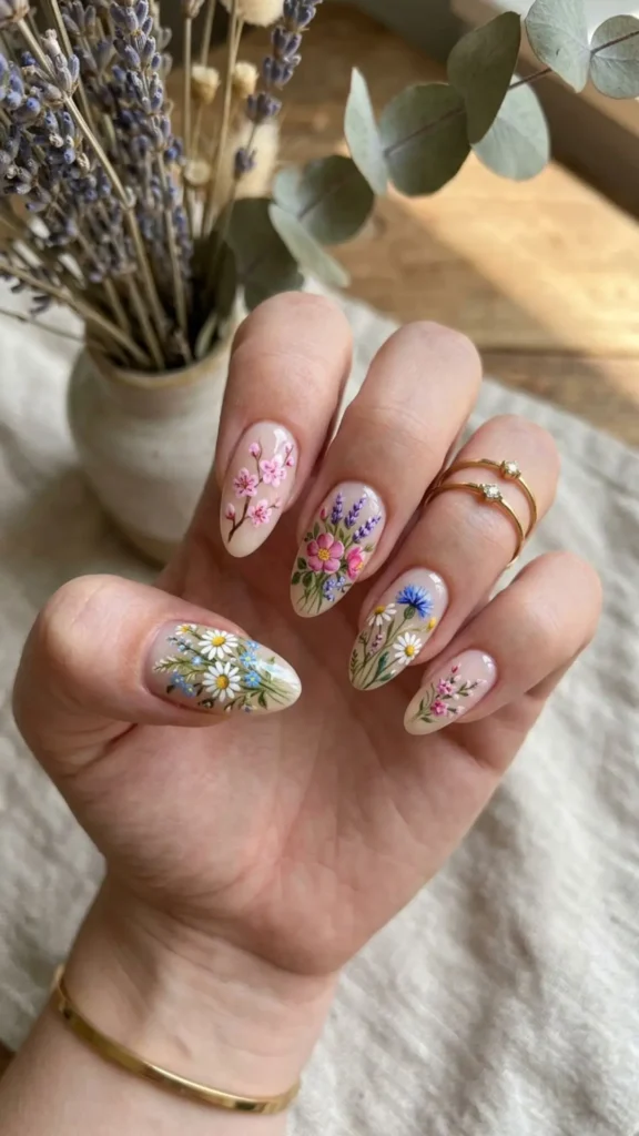 Beautiful floral nail art with hand-painted blooms on pastel nails.
