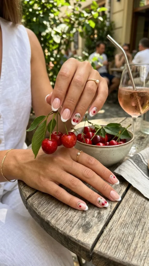 Cute French manicure decorated with charming cherry nail art.