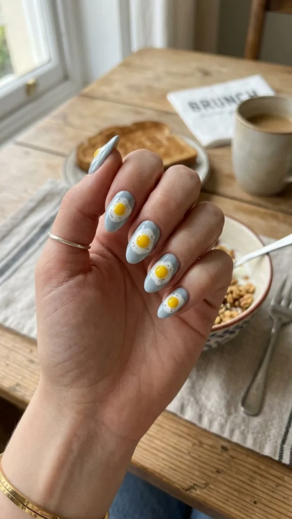 Cute fried egg nail art with playful food-inspired details.