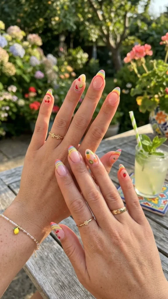 Fruity stripe French nails featuring colorful tips for a playful and fresh late summer manicure.