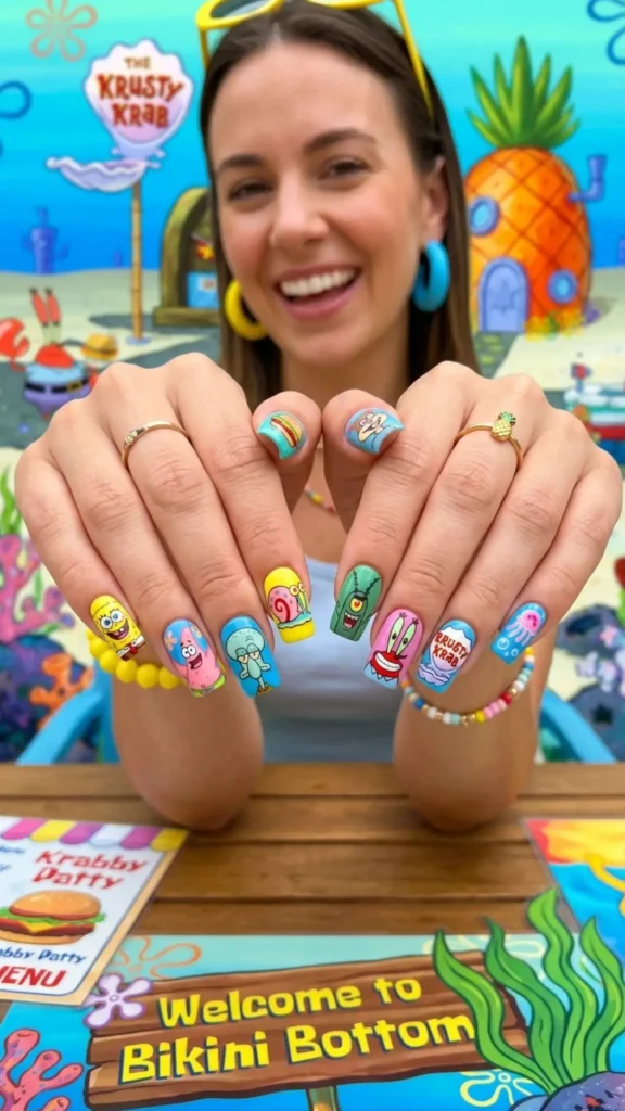 Colorful SpongeBob-inspired nails featuring playful cartoon characters and cheerful details.