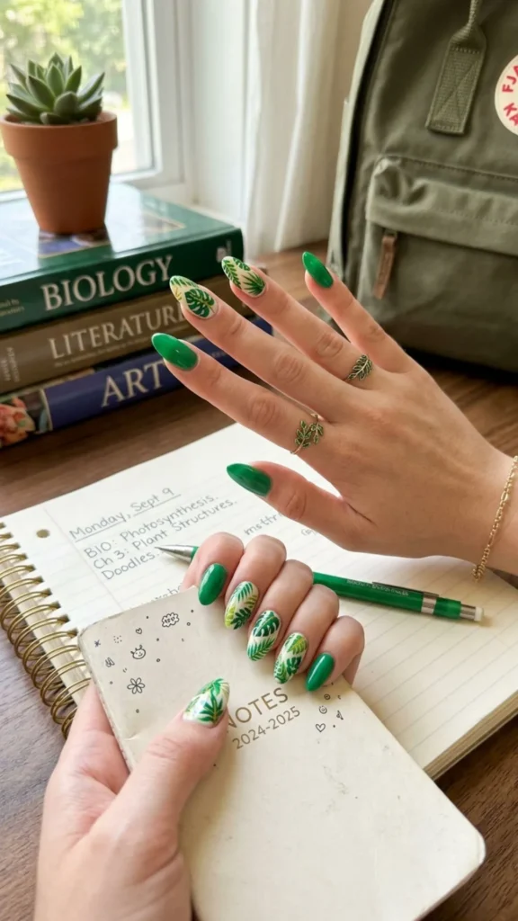 Tropical leaf accent nails inspired by lush greenery for a fresh summer manicure.