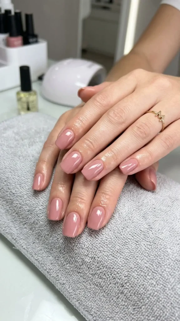 Glossy gel polish manicure on natural nails with a smooth salon-style finish.