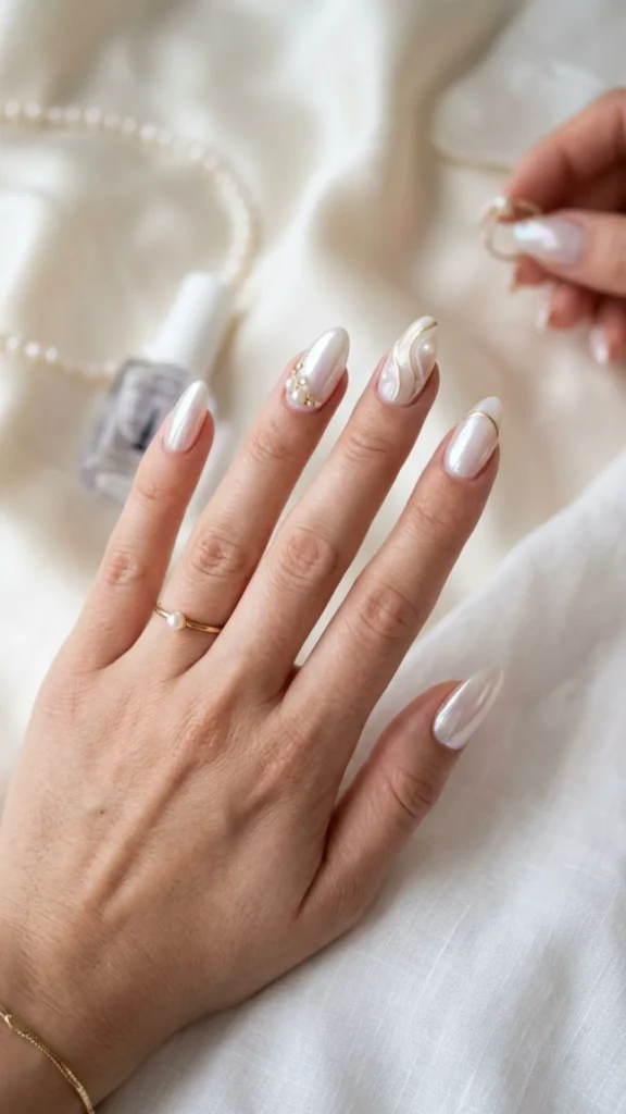 Elegant glazed pearl nails with luminous glossy finish
