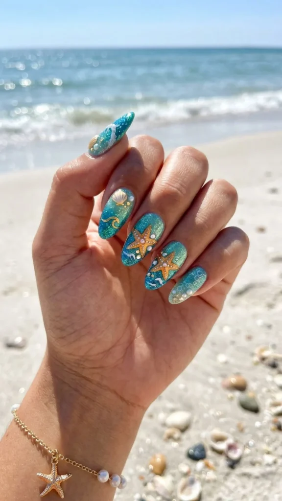 Glittery beach ocean inspired nails featuring charming starfish art