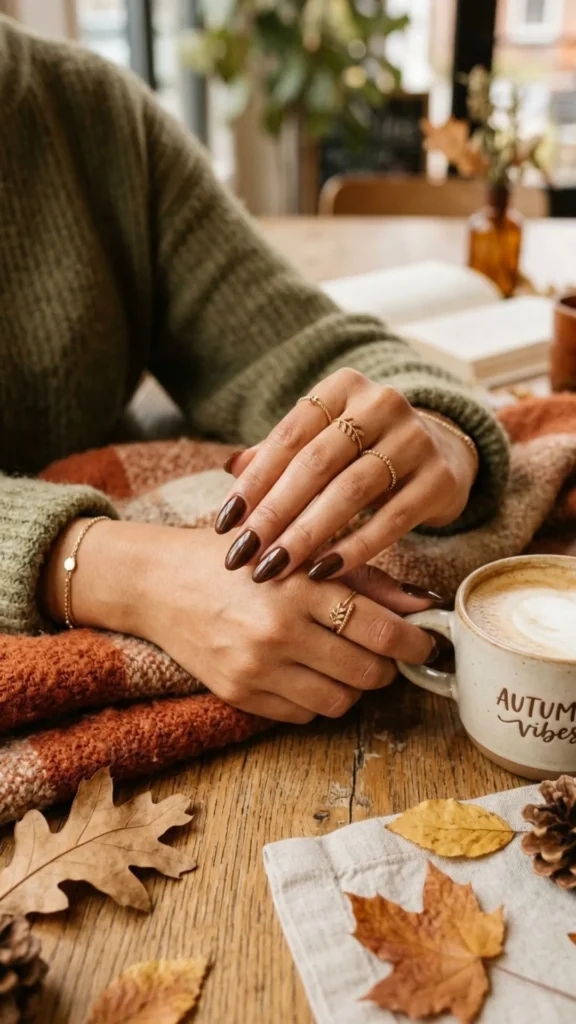 Glossy brown nails in rich chocolate and caramel shades for a sophisticated early fall manicure.