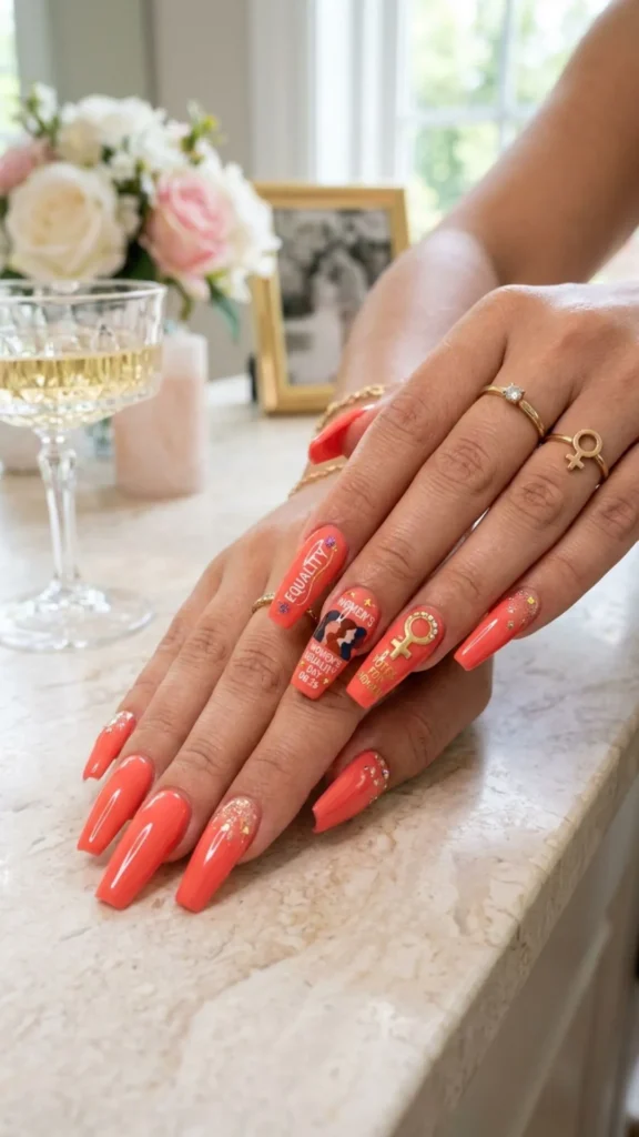 Glamorous coral coffin nails with empowering Equality Day details.