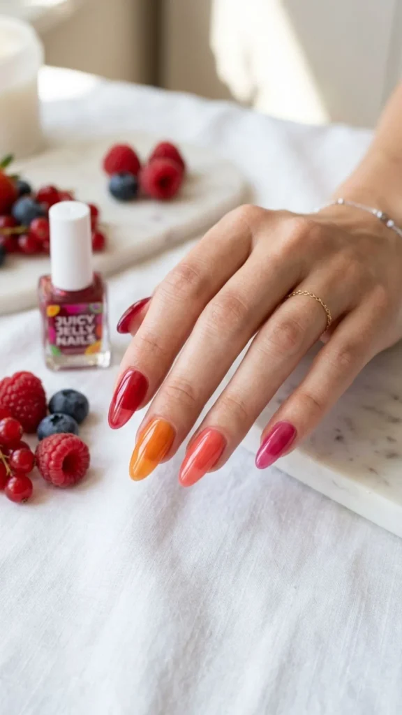 Translucent glossy jelly nails create a juicy, playful, and effortlessly trendy manicure perfect for summer.