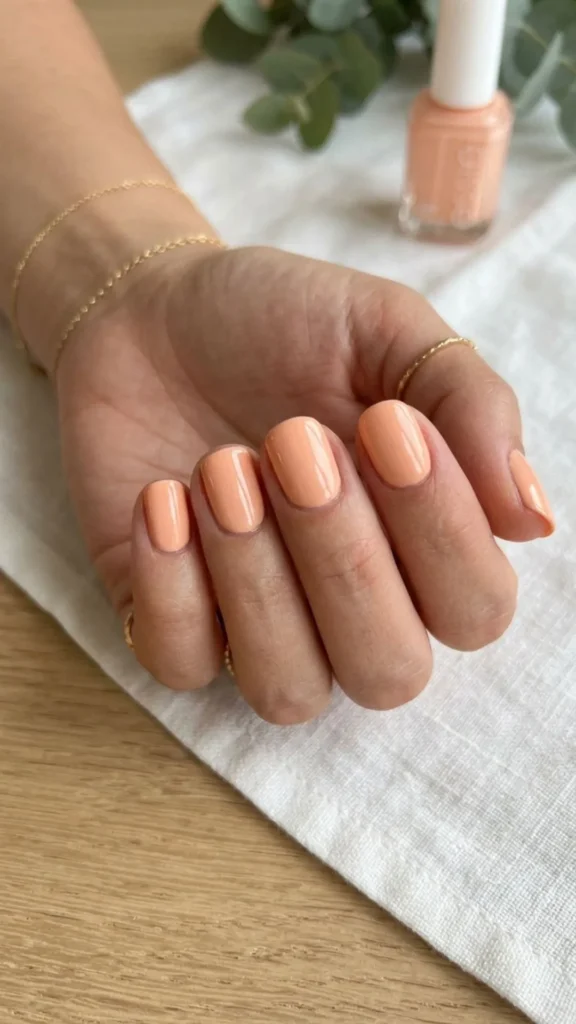  Glossy peach nails featuring a soft, warm shine perfect for everyday wear.