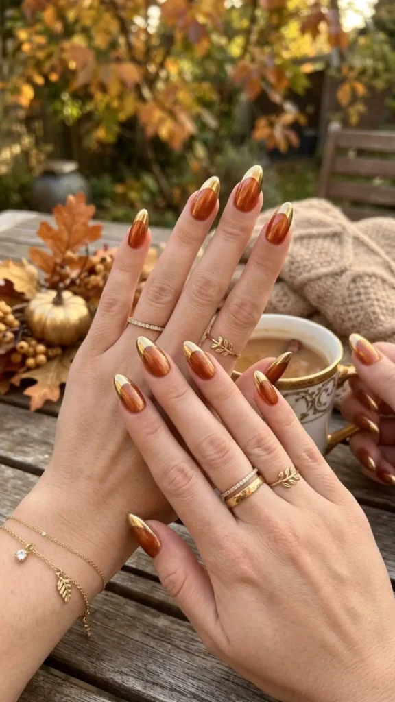 Gold chrome French tip nails with a glossy finish for a glamorous summer to fall manicure.