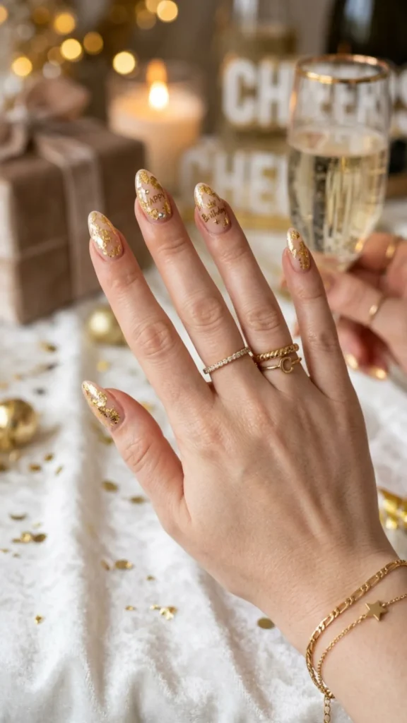 Luxe almond birthday nails with delicate gold foil accents.