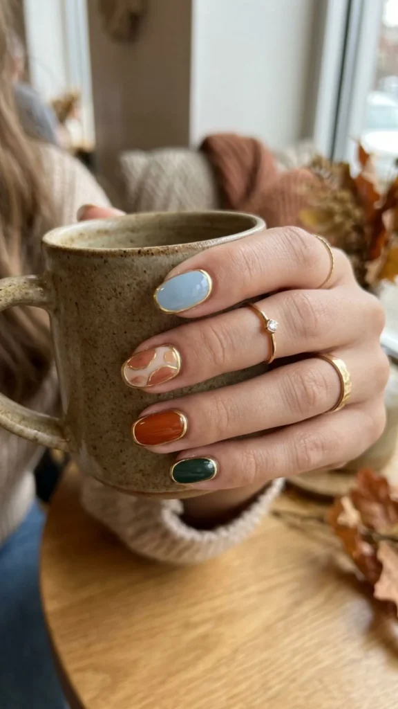 Gold outline nails with delicate metallic detailing and a neutral base for a chic summer to fall manicure.