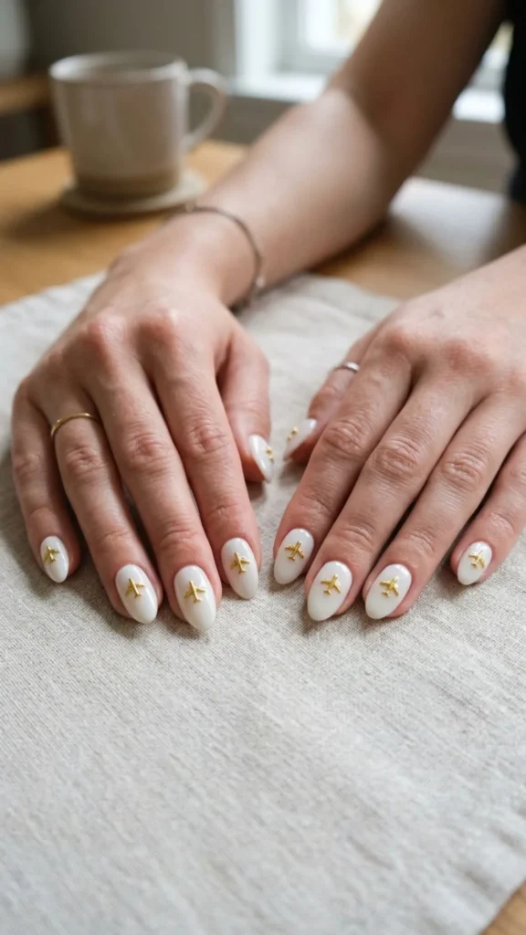 Glamorous golden airplane accent manicure with metallic aircraft details and chic neutral nail colors.
