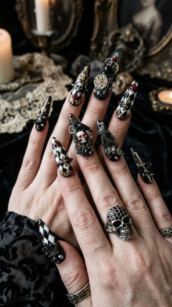 Gothic harlequin nails with black diamond patterns, dramatic embellishments, crystals, and 3D junk nail art.