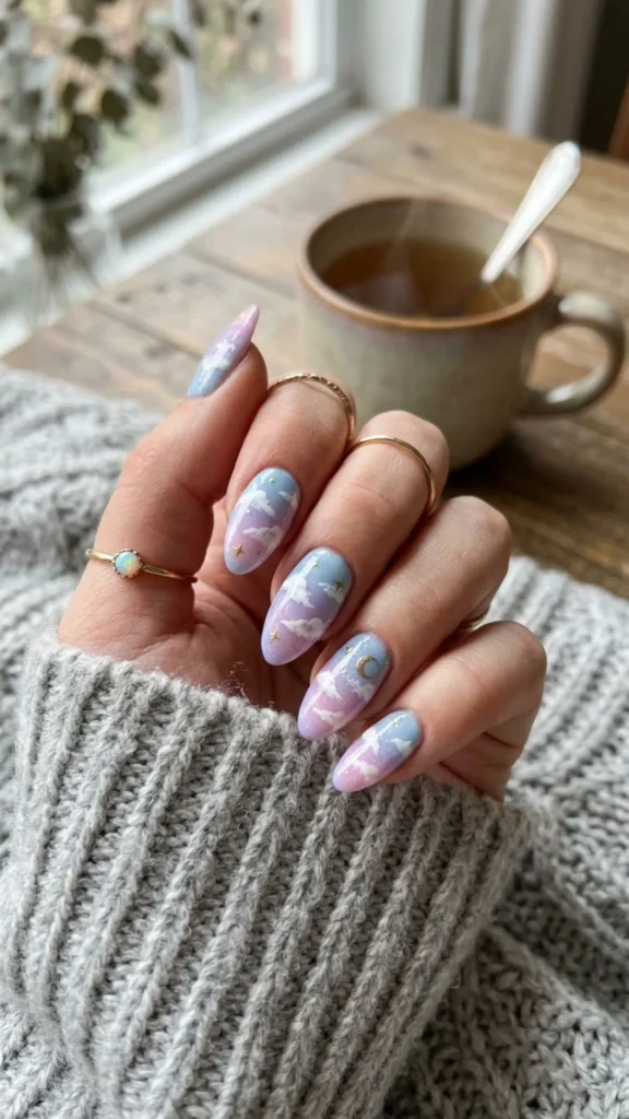 Soft gradient cloud nail art with pastel skies and fluffy white cloud accents.