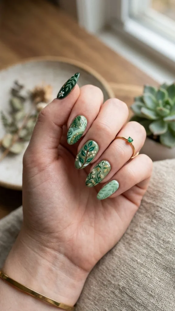  Green hand-painted nails with fresh botanical designs.
