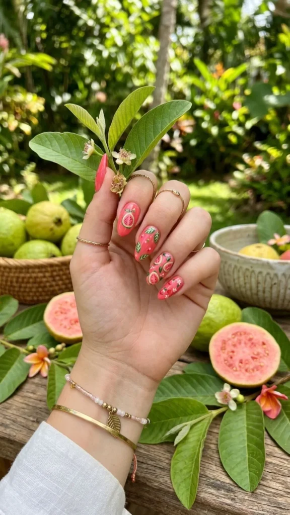 Fresh guava-inspired nails combine juicy pink and tropical tones for a playful and trendy summer aesthetic.