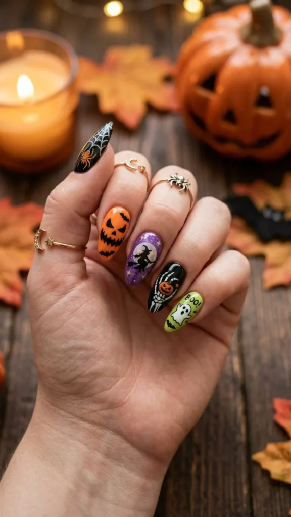 Festive Halloween nails with pumpkins and spooky accents.