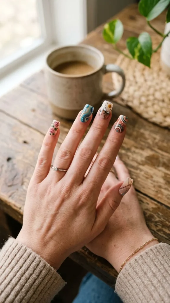 Stylish hand-painted acrylic nails featuring detailed artwork on long nail extensions.