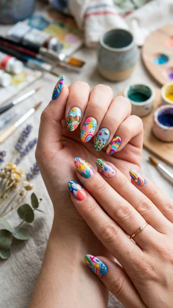 Vibrant hand-painted nail art featuring bright, colorful designs.