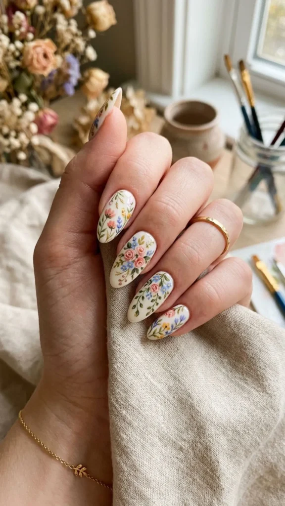 Floral hand-painted nails with elegant flower details.
