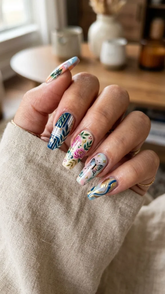 Elegant Gel-X nails featuring intricate hand-painted artwork.
