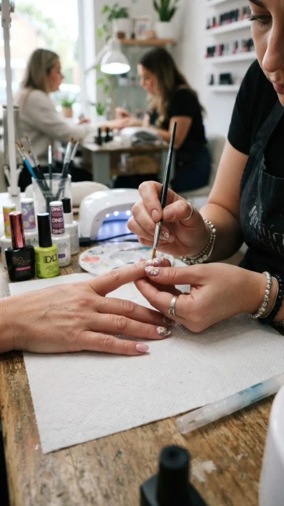 Elegant hand-painted nail art featuring detailed floral and artistic custom designs.