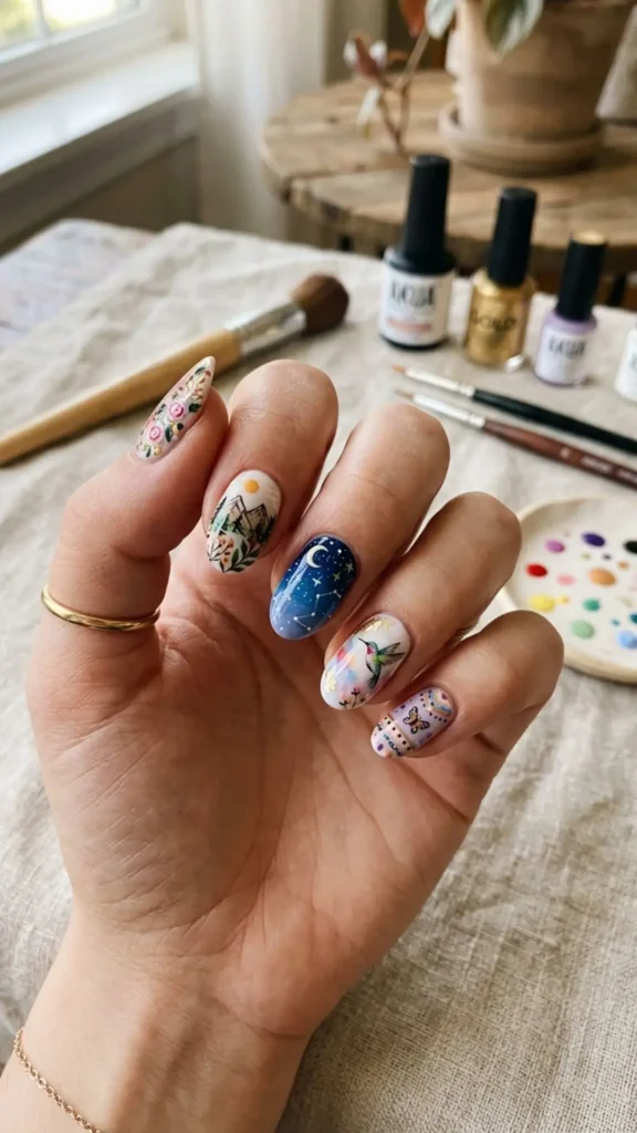 Creative hand-painted nail design with detailed artistic brushwork.