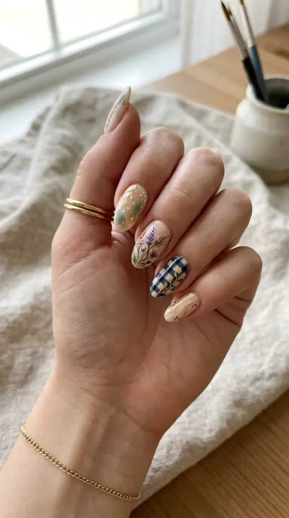 Creative stylish hand-painted nail art with intricate brushwork and personalized artistic patterns.