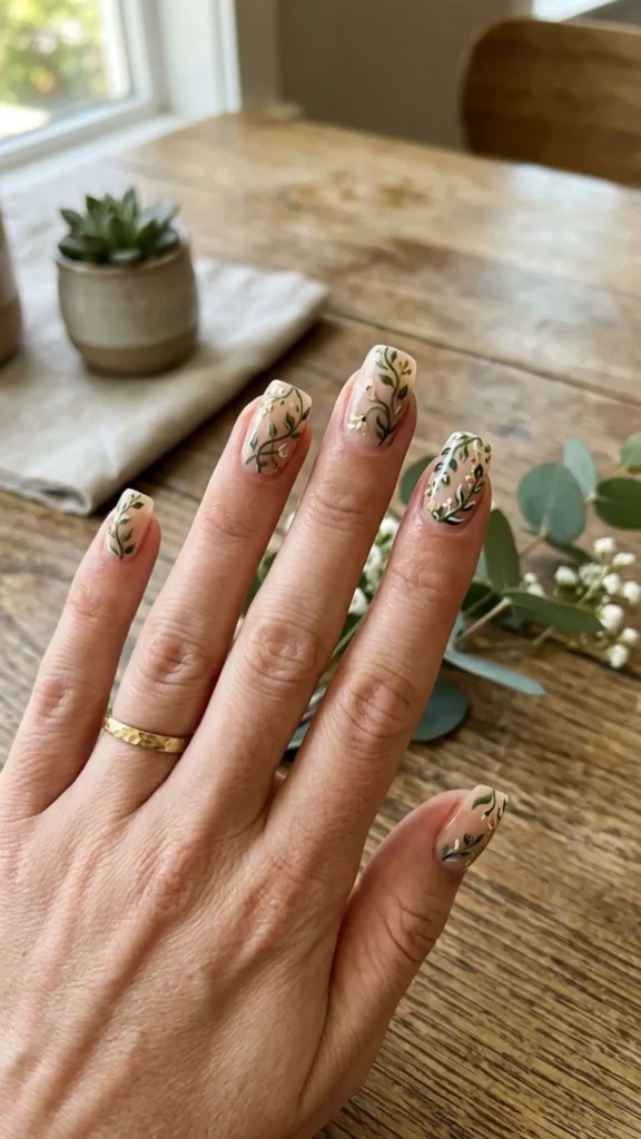 Elegant vine nail art with delicate green leaves on glossy nude nails.