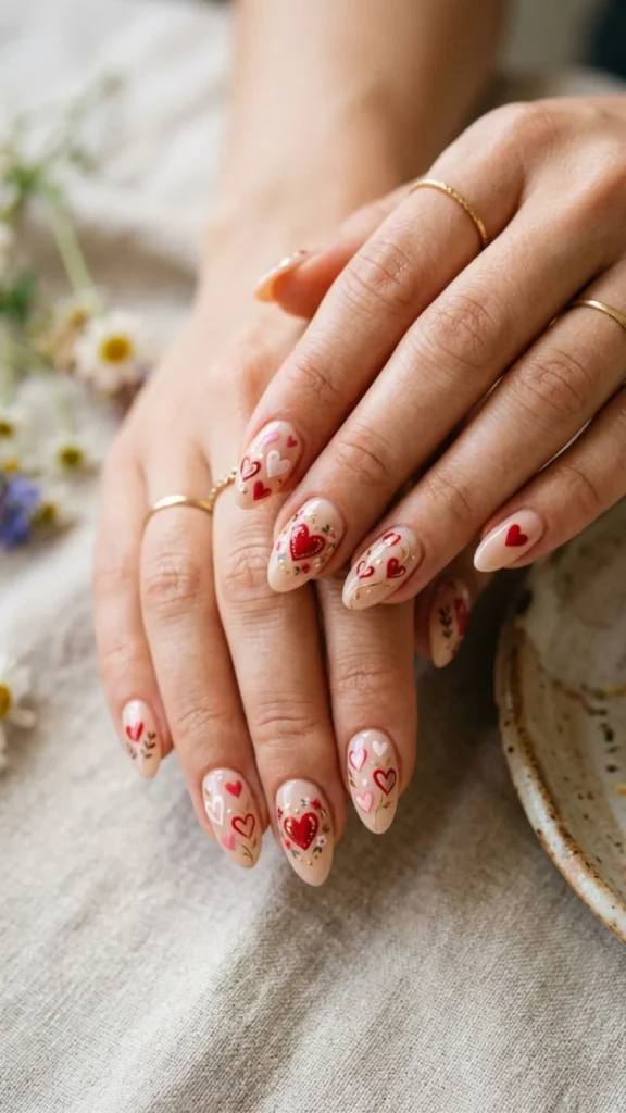 Romantic heart nail art with charming hand-painted accents.
