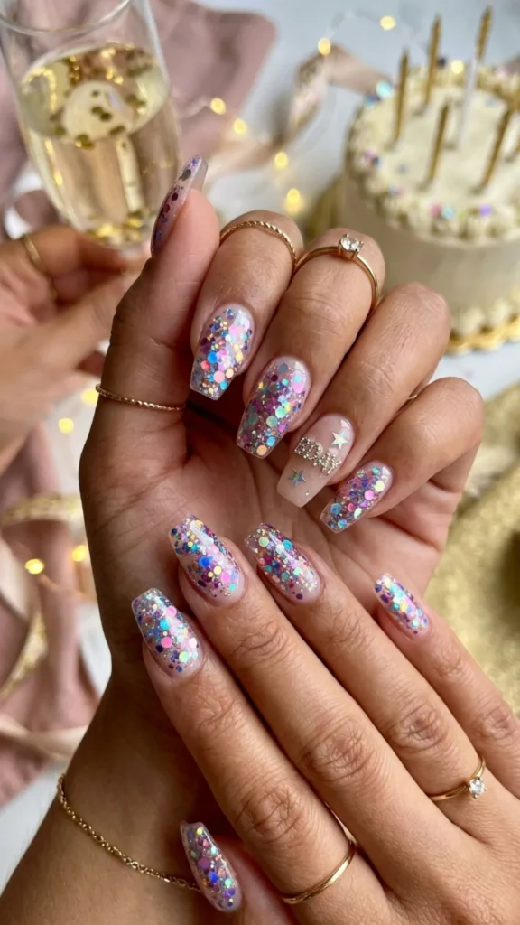 Glamorous coffin birthday nails with sparkling holographic confetti.
