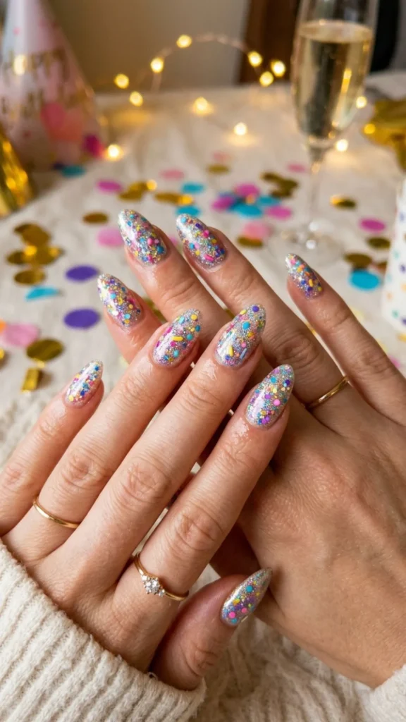 Sparkly birthday nails with holographic glitter sprinkle accents.