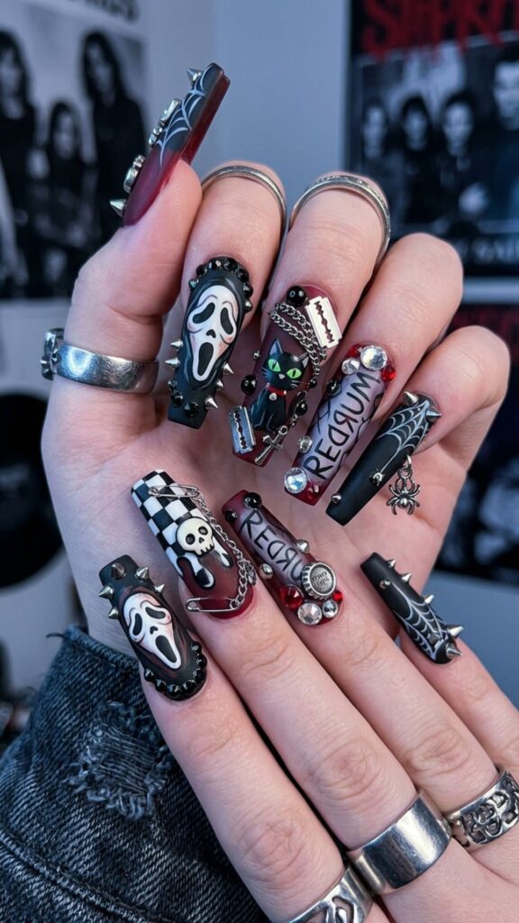 Horror cartoon nails featuring spooky character details, dark colors, creepy charms, and edgy 3D junk acrylics.