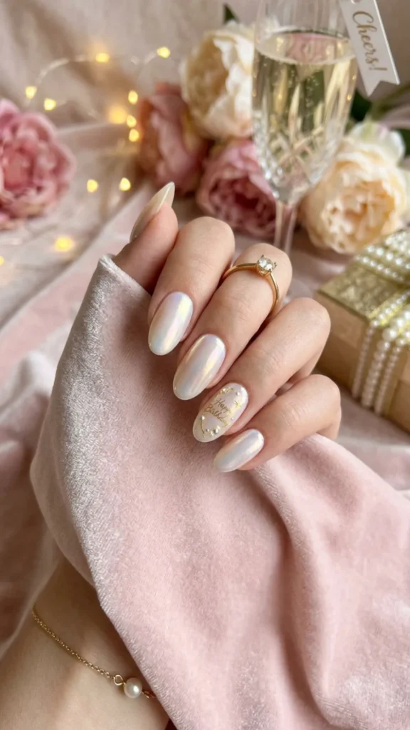 Elegant oval birthday nails with an iridescent pearl finish.