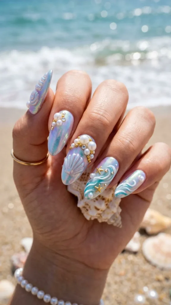 Iridescent seashell ocean inspired nails with delicate pearl accents