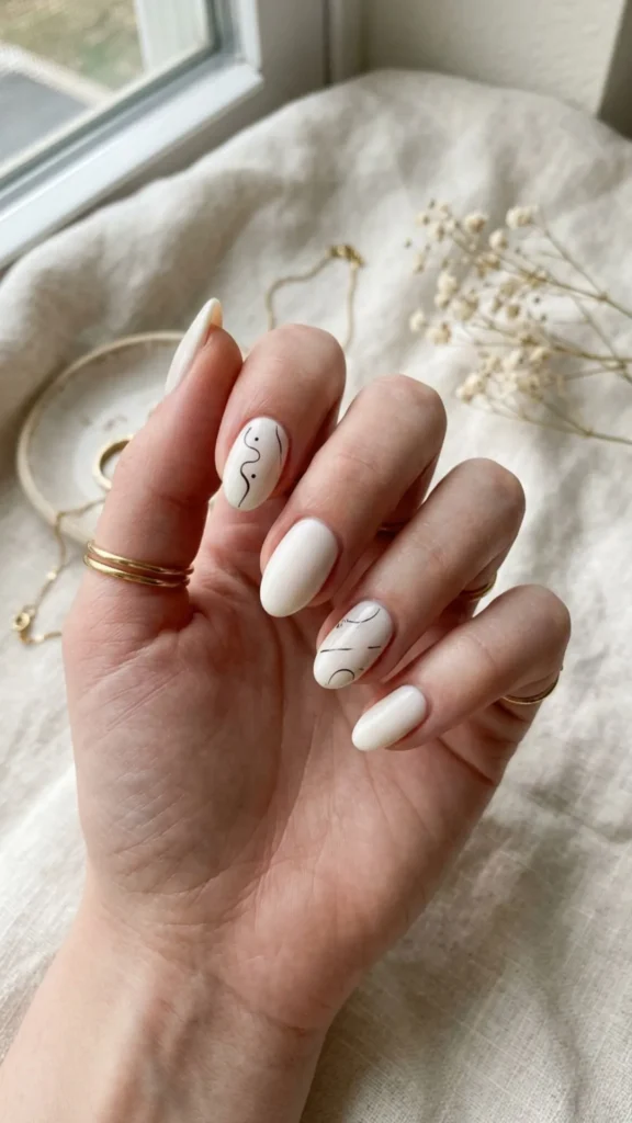 Minimal ivory stripe doodle nails with artistic details