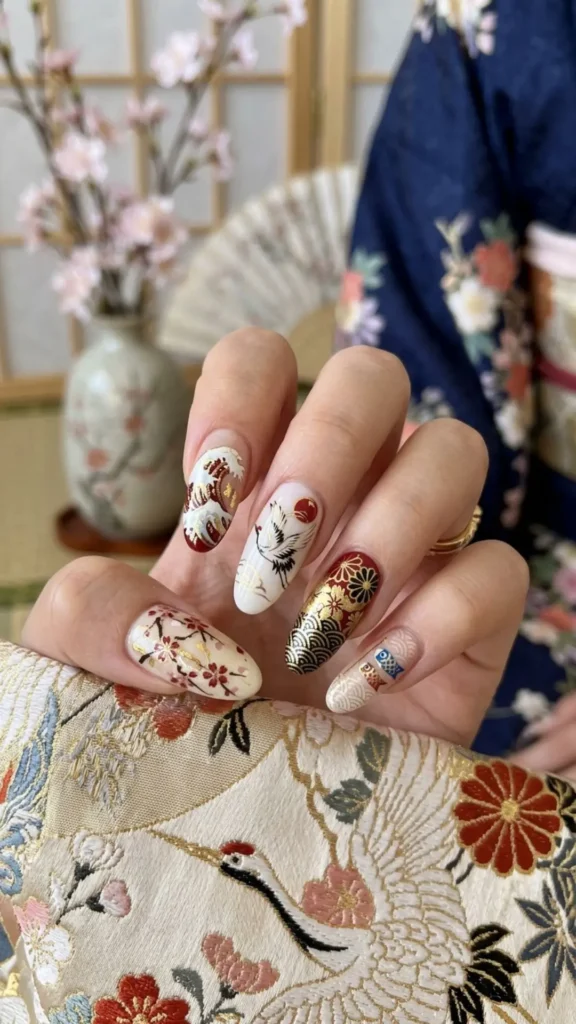 Elegant Japanese-inspired nails with artistic details