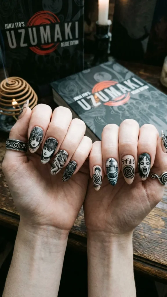 Eerie Uzumaki-inspired nails with swirling artistic details