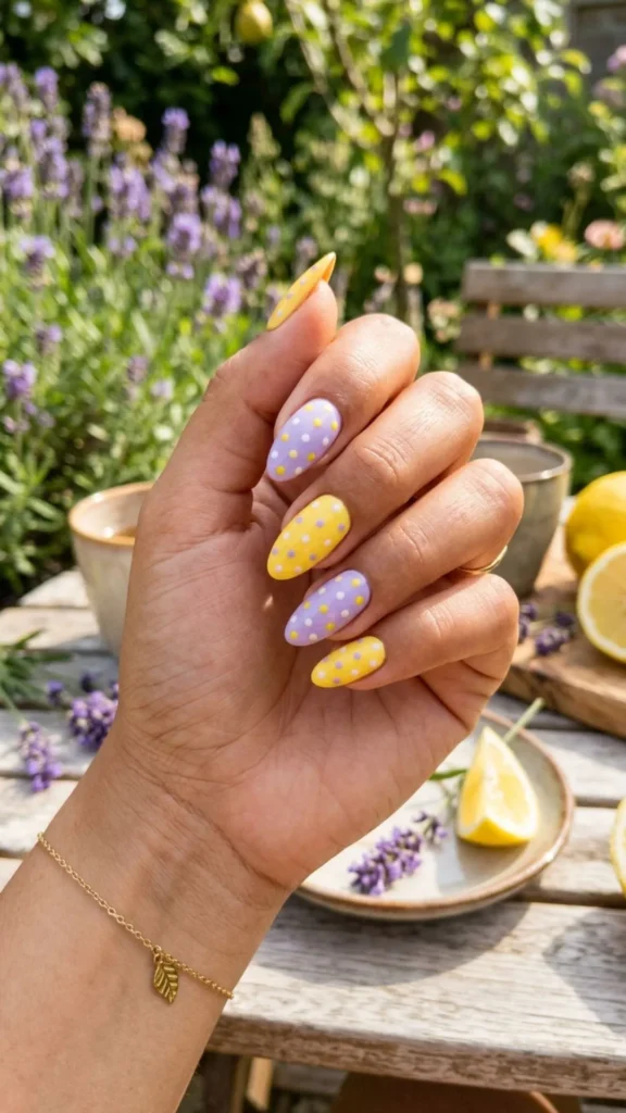 Bright lemon and lavender polka dot nails with a playful retro look.